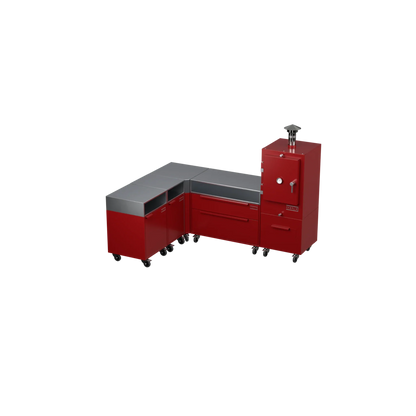 L1 L-Shape outdoor kitchen in dark cherry red, angled three-quarter view