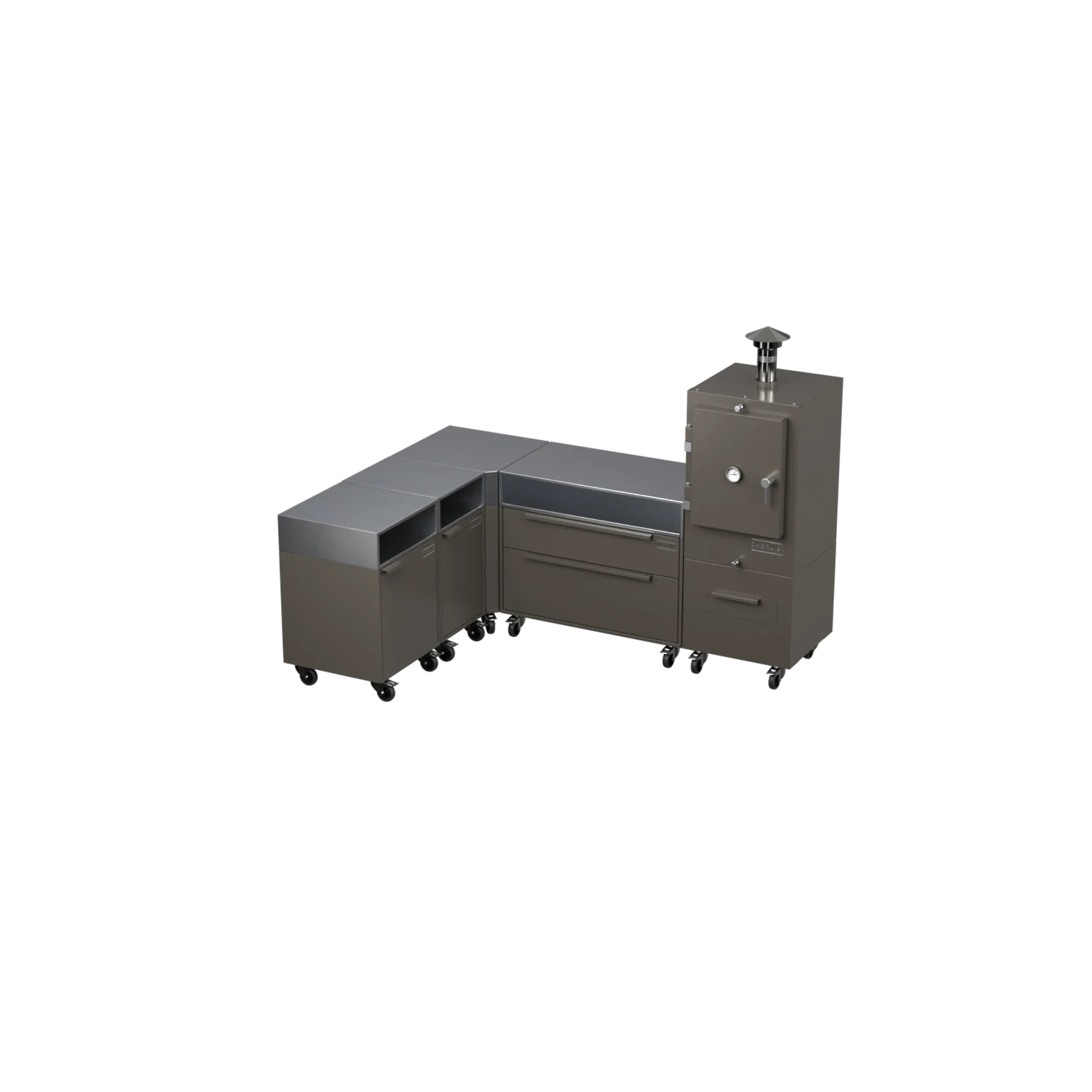 L1 L-Shape outdoor kitchen in porcini beige, angled three-quarter view