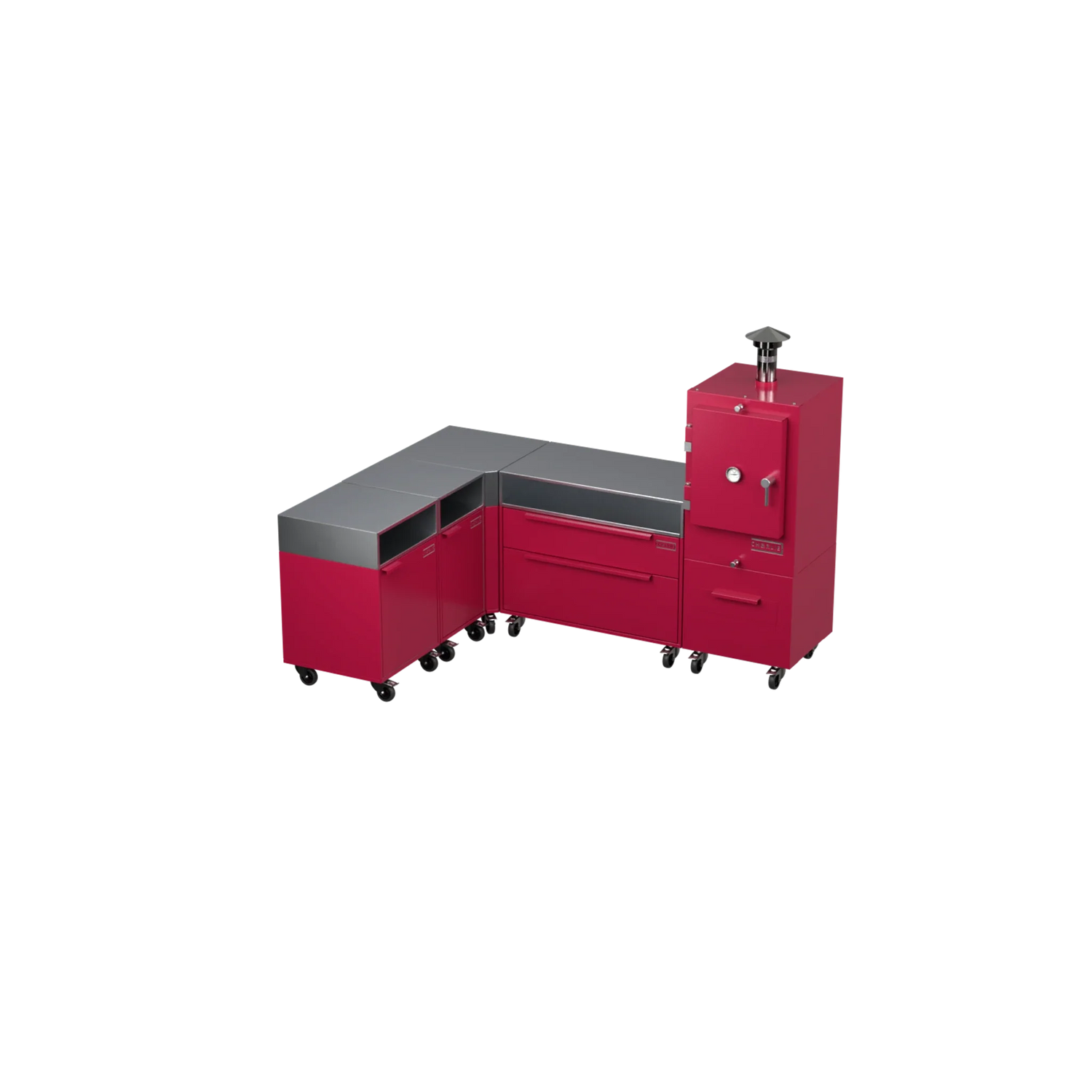 L1 L-Shape outdoor kitchen in rhubarb pink, angled corner view