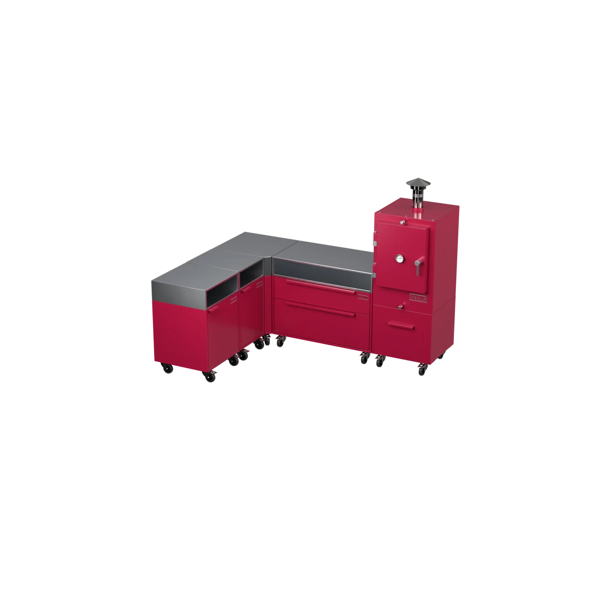 L1 L-Shape outdoor kitchen in rhubarb pink, angled corner view