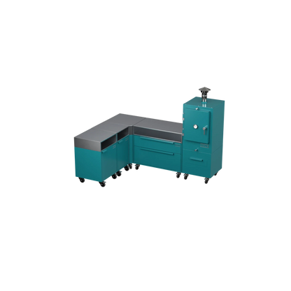 L1 L-Shape outdoor kitchen in teal duck blue, angled three-quarter view