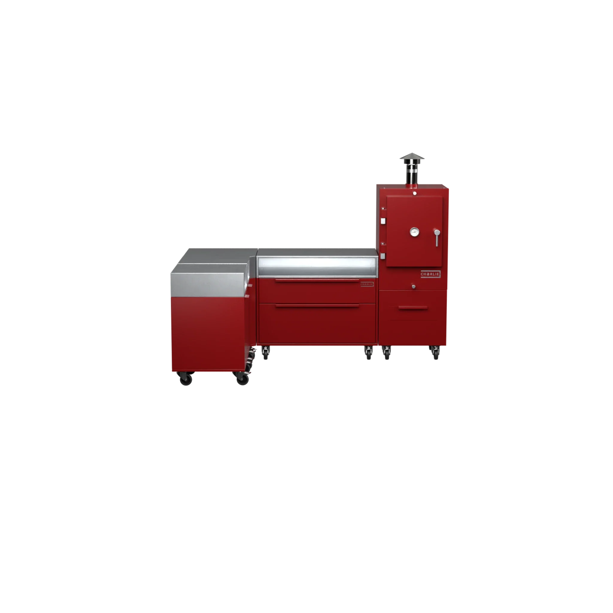 L1 L-Shape kitchen in dark cherry red, straight-on front view