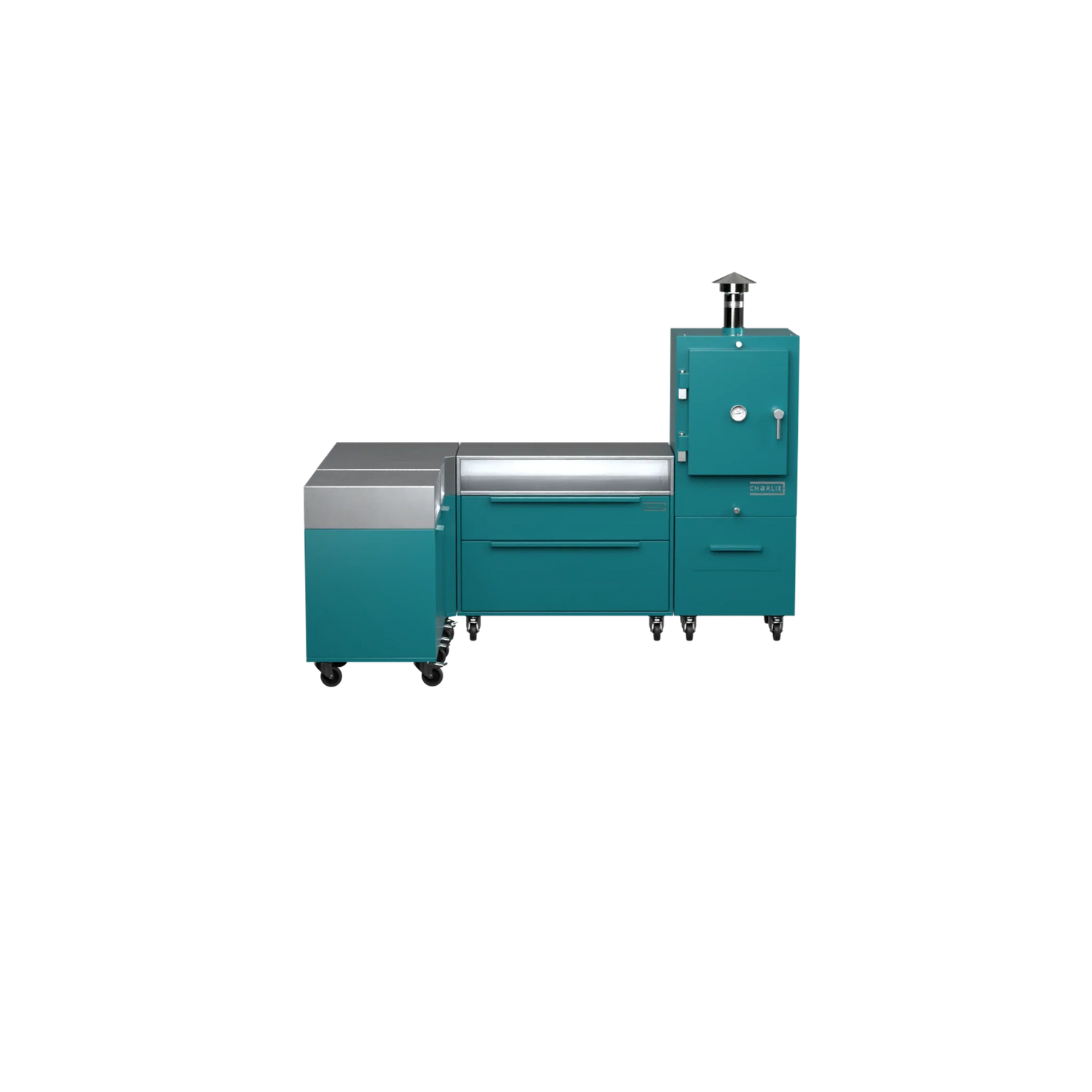L1 L-Shape kitchen in teal duck blue, straight-on front view