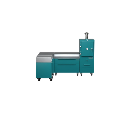 L1 L-Shape kitchen in teal duck blue, straight-on front view