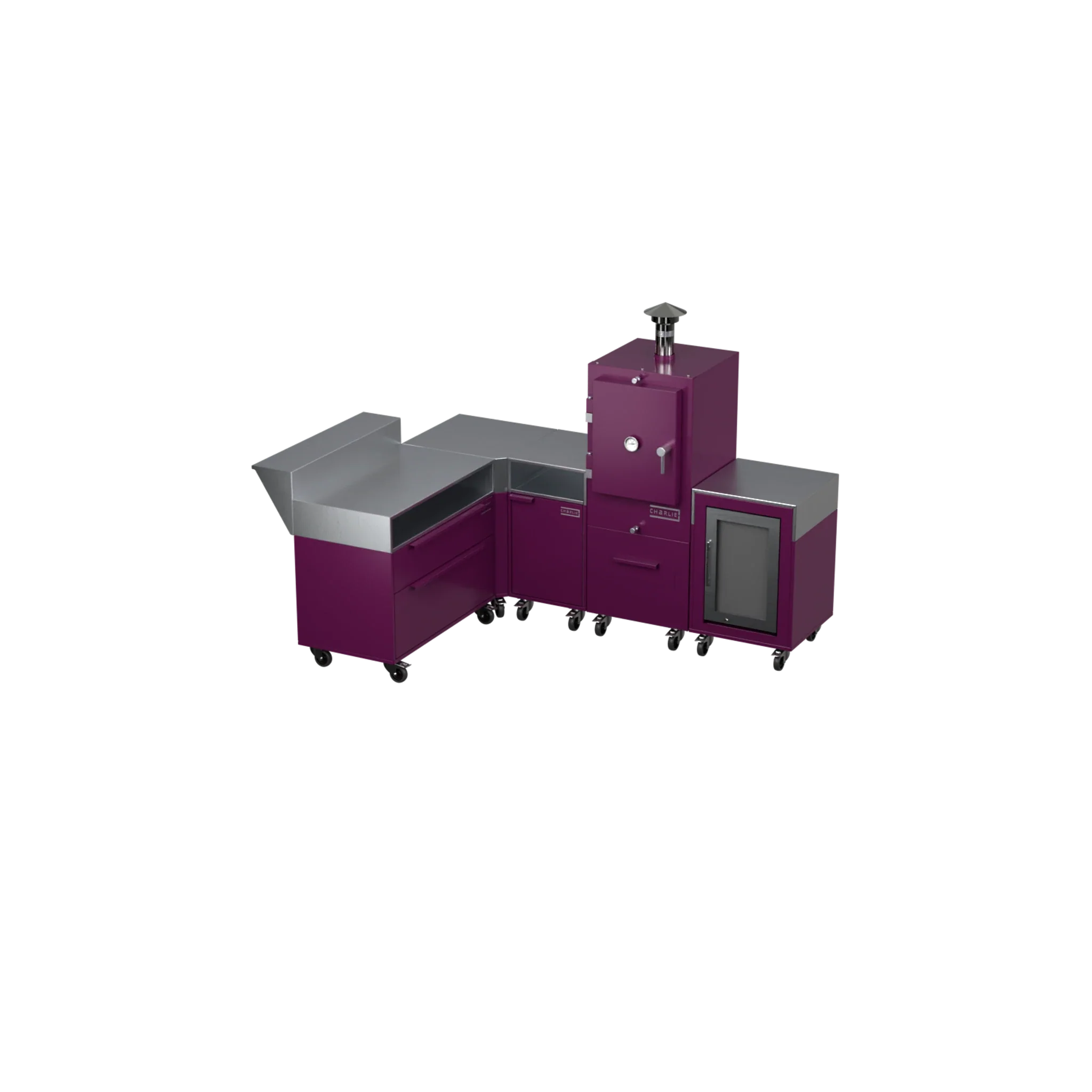 L-Shape Kitchen L2 in beetroot purple, angled view of the L-shaped outdoor kitchen