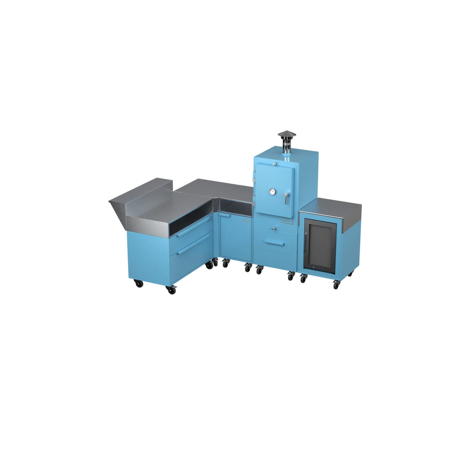 L-Shape Kitchen L2 in blue marlin, angled view of the outdoor kitchen layout