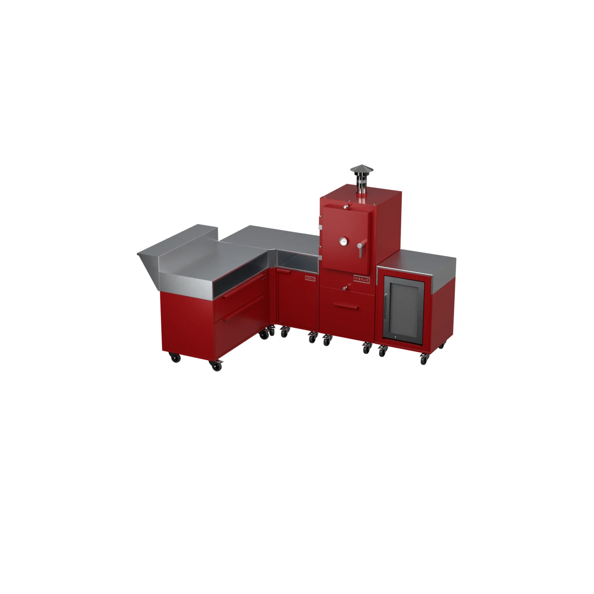 L-Shape Kitchen L2 in dark cherry red, angled view of the outdoor kitchen island