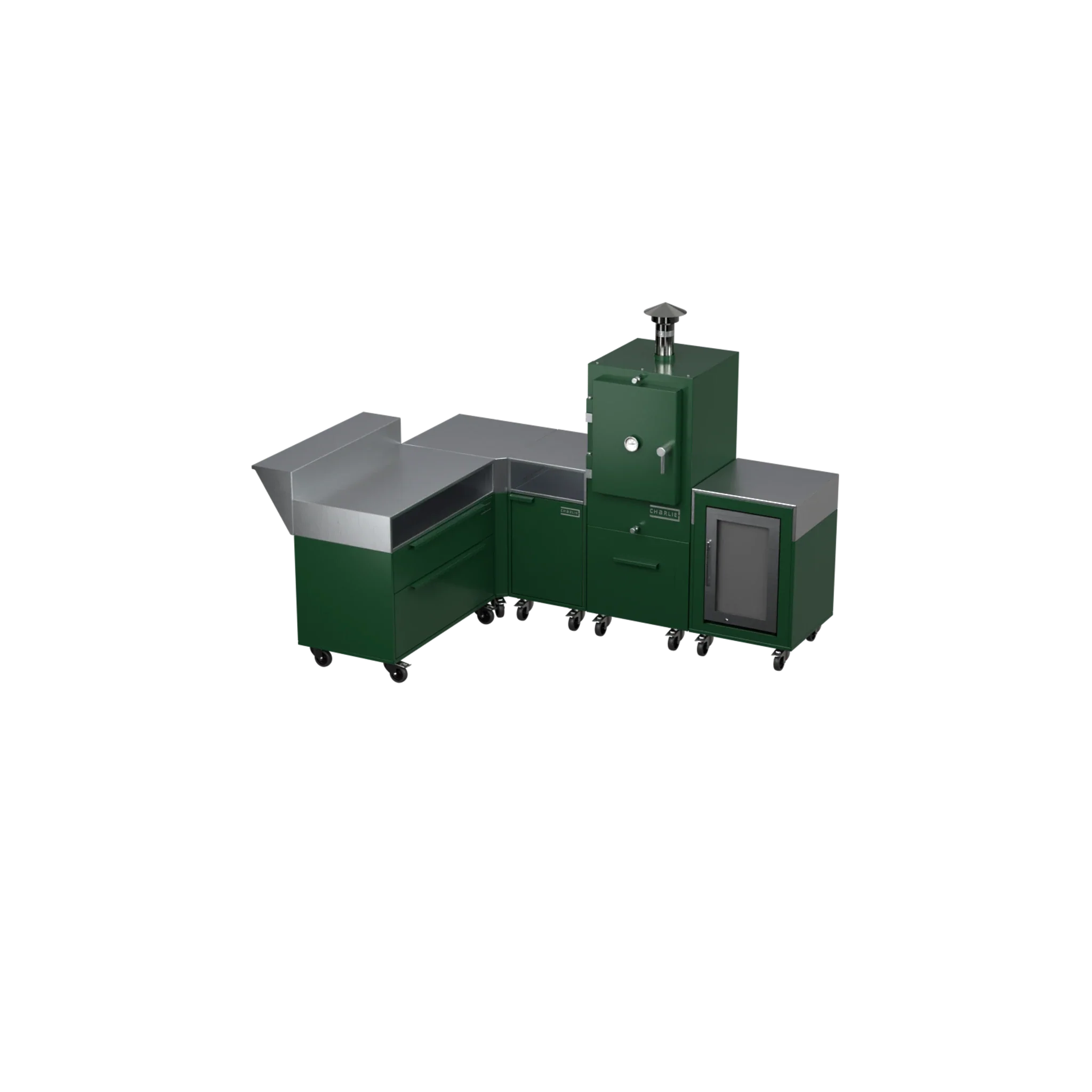 L-Shape Kitchen L2 in green chilli, angled view highlighting the corner layout