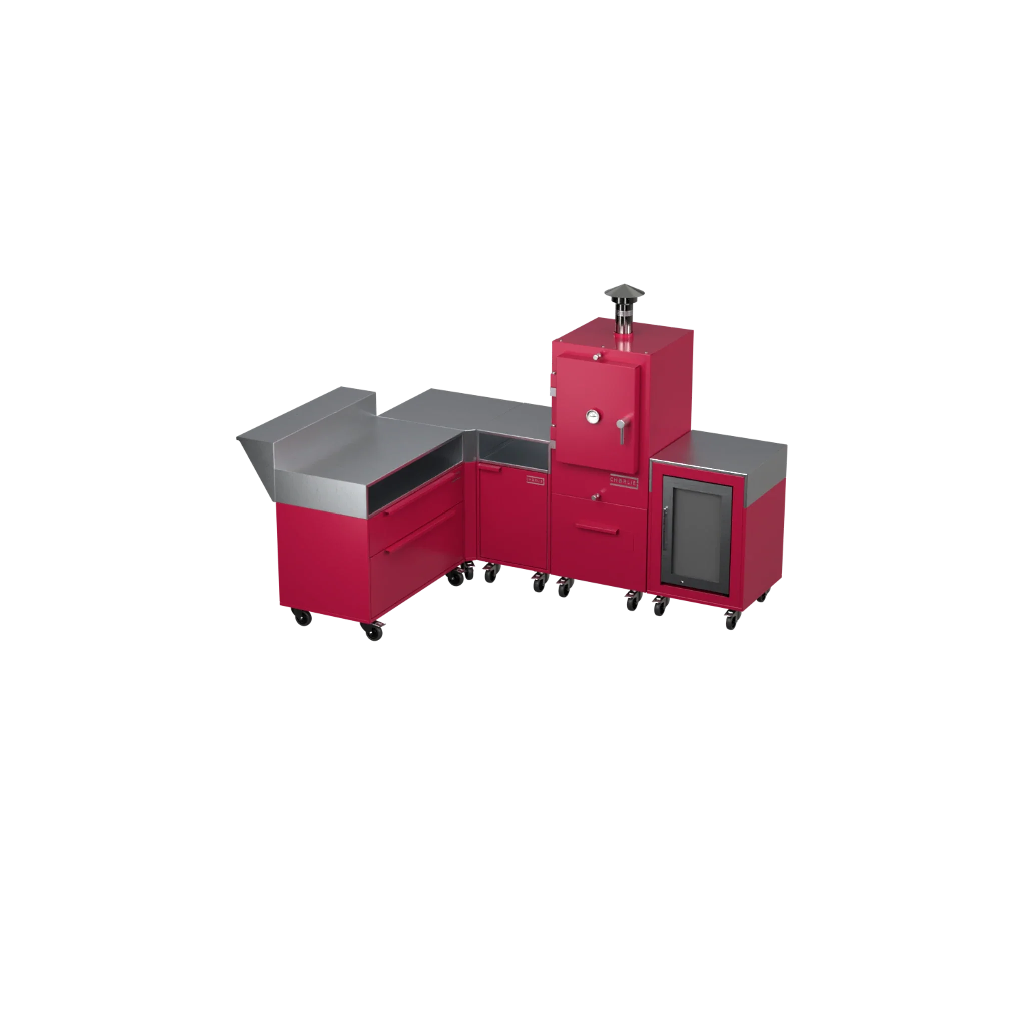 L-Shape Kitchen L2 in rhubarb pink, angled three-quarter view of the kitchen island