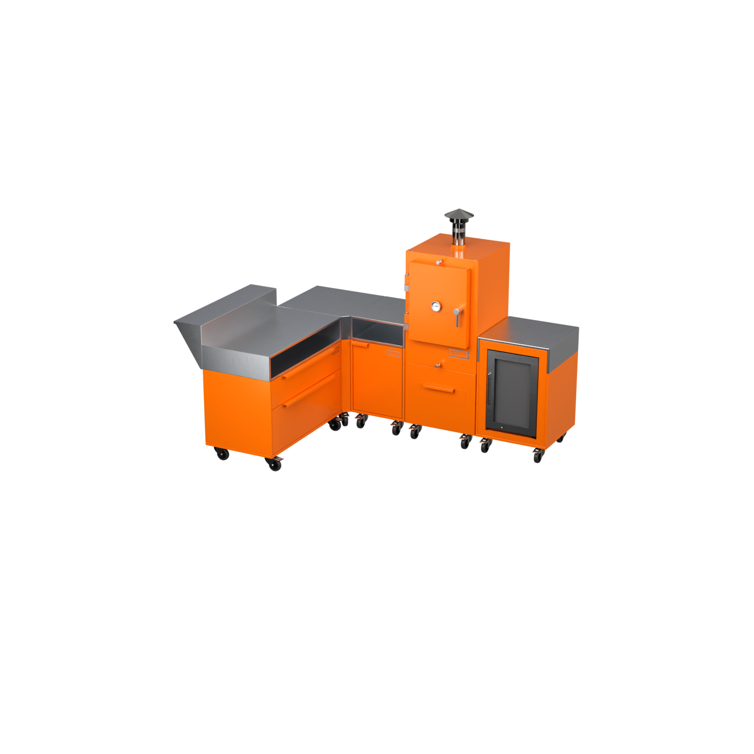 L-Shape Kitchen L2 in saffron yellow, angled view of the outdoor kitchen unit