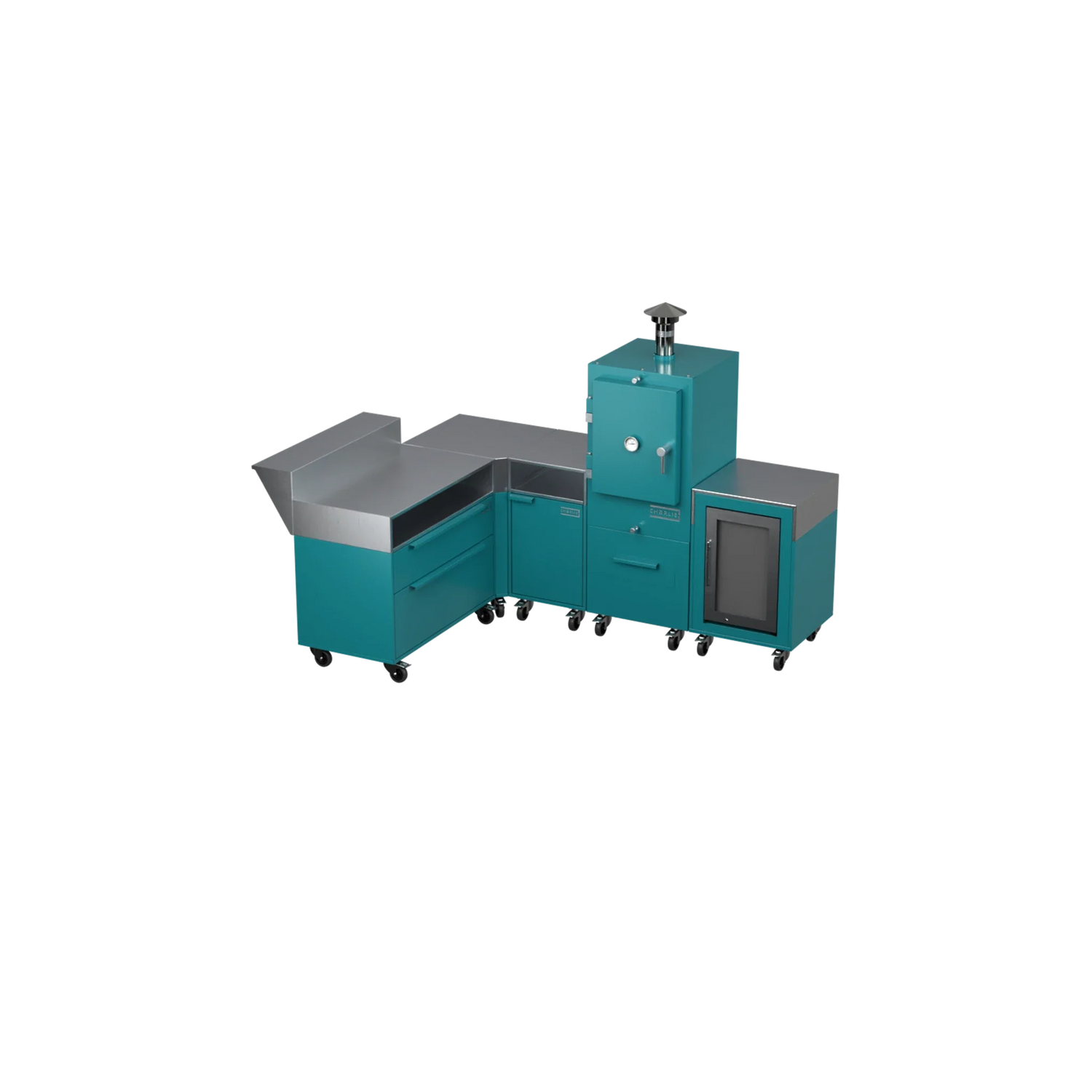 L-Shape Kitchen L2 in teal duck blue, angled three-quarter view of the kitchen