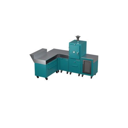 L-Shape Kitchen L2 in teal duck blue, angled three-quarter view of the kitchen