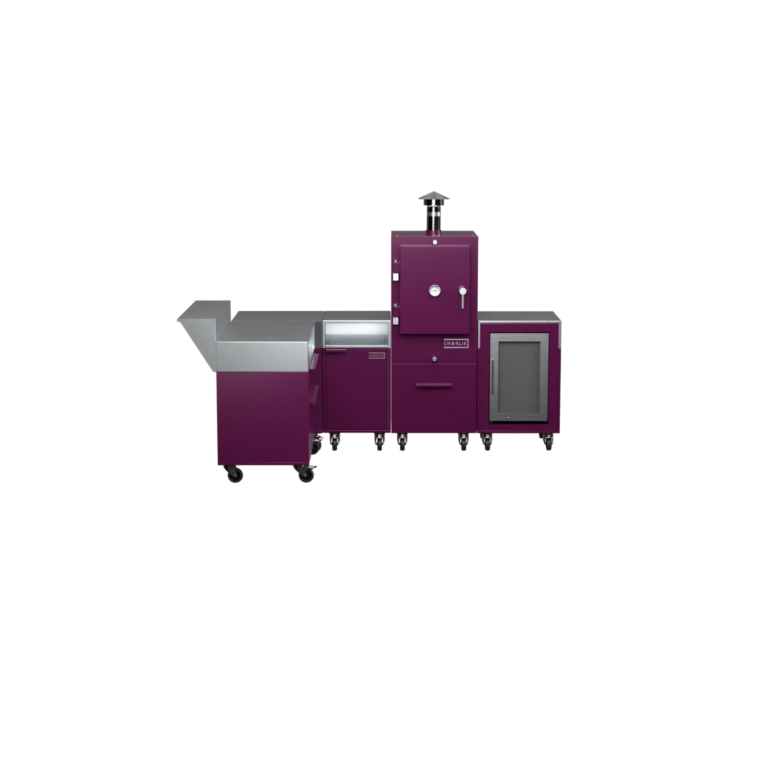 L-Shape Kitchen L2 in beetroot purple, straight front view of the cabinets and counter