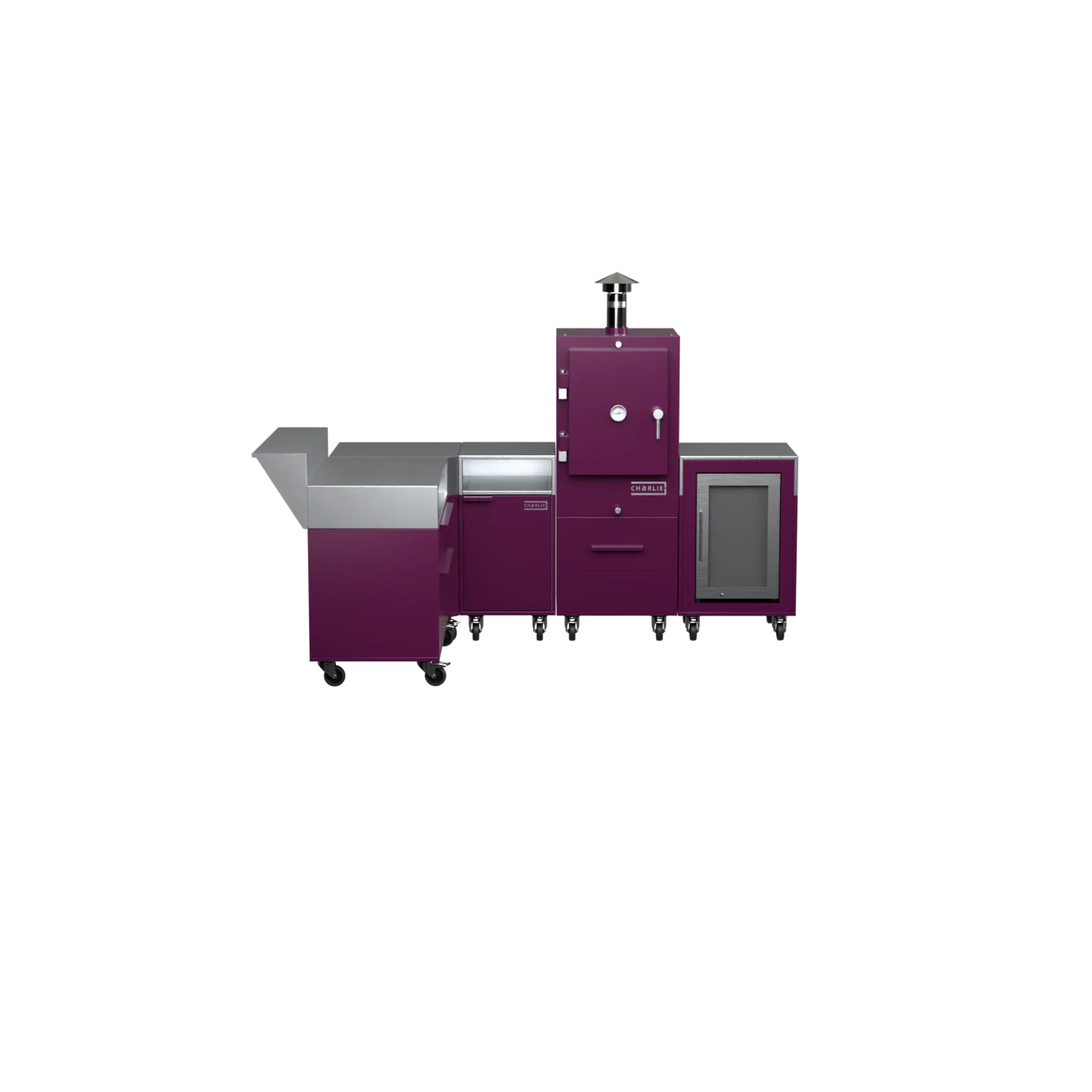 L-Shape Kitchen L2 in beetroot purple, straight front view of the cabinets and counter
