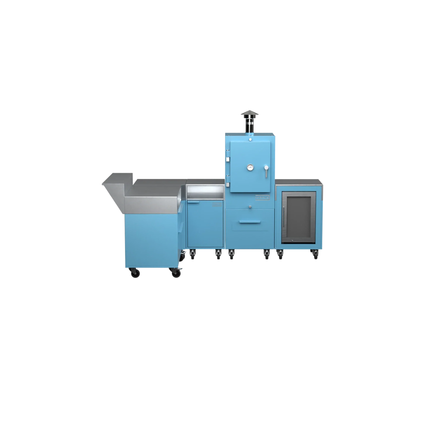 L-Shape Kitchen L2 in blue marlin, front-on view of the cabinets and counter