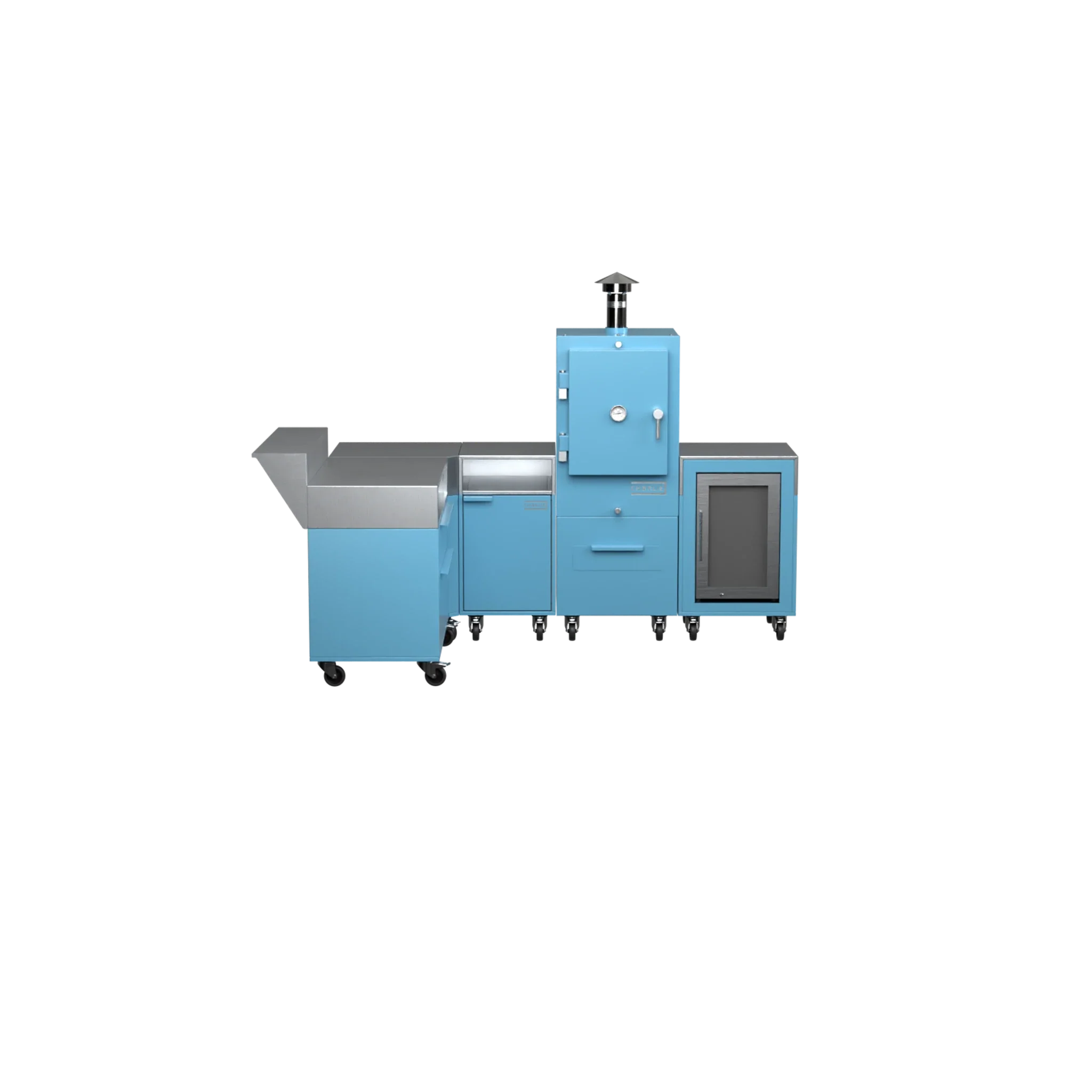 L-Shape Kitchen L2 in blue marlin, front-on view of the cabinets and counter