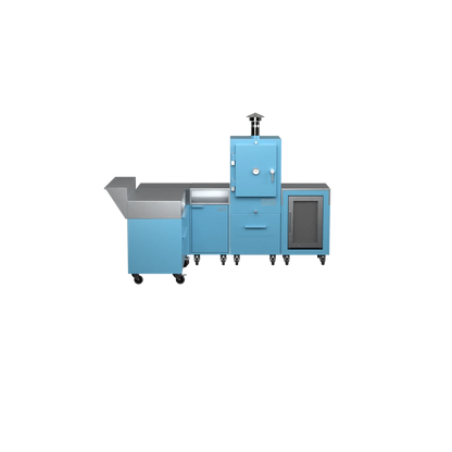 L-Shape Kitchen L2 in blue marlin, front-on view of the cabinets and counter