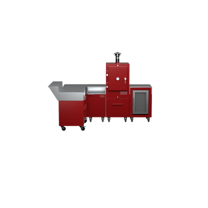 L-Shape Kitchen L2 in dark cherry red, front-on view of the full kitchen run