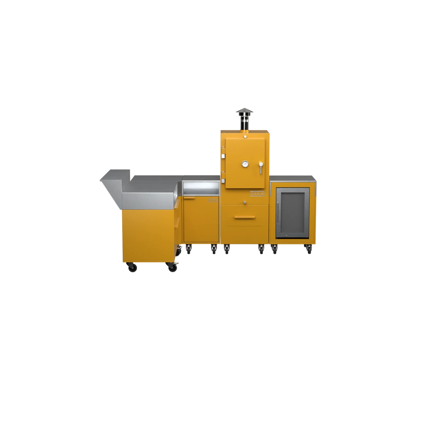 L-Shape Kitchen L2 in honeycomb yellow, straight front view of the worktop