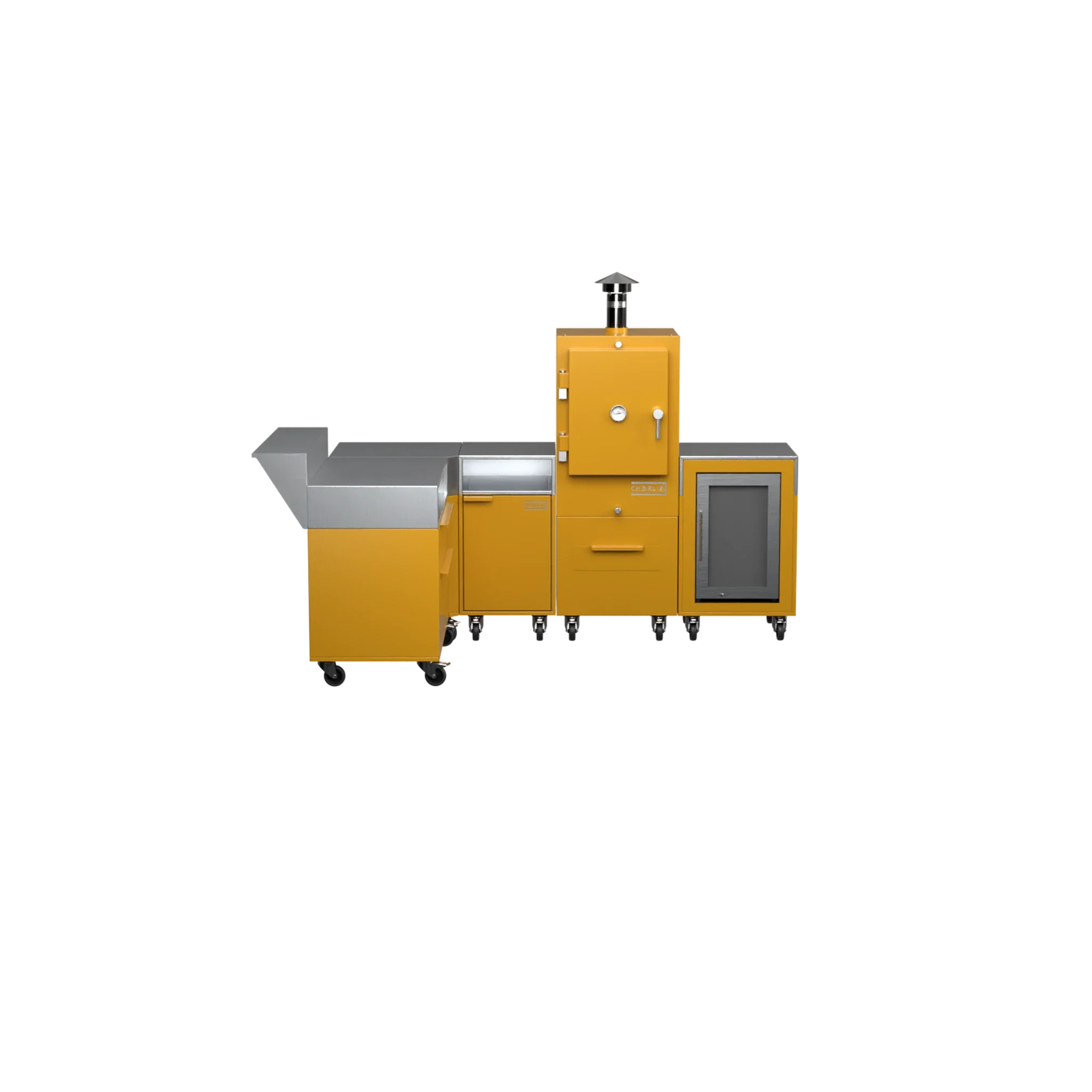 L-Shape Kitchen L2 in honeycomb yellow, straight front view of the worktop