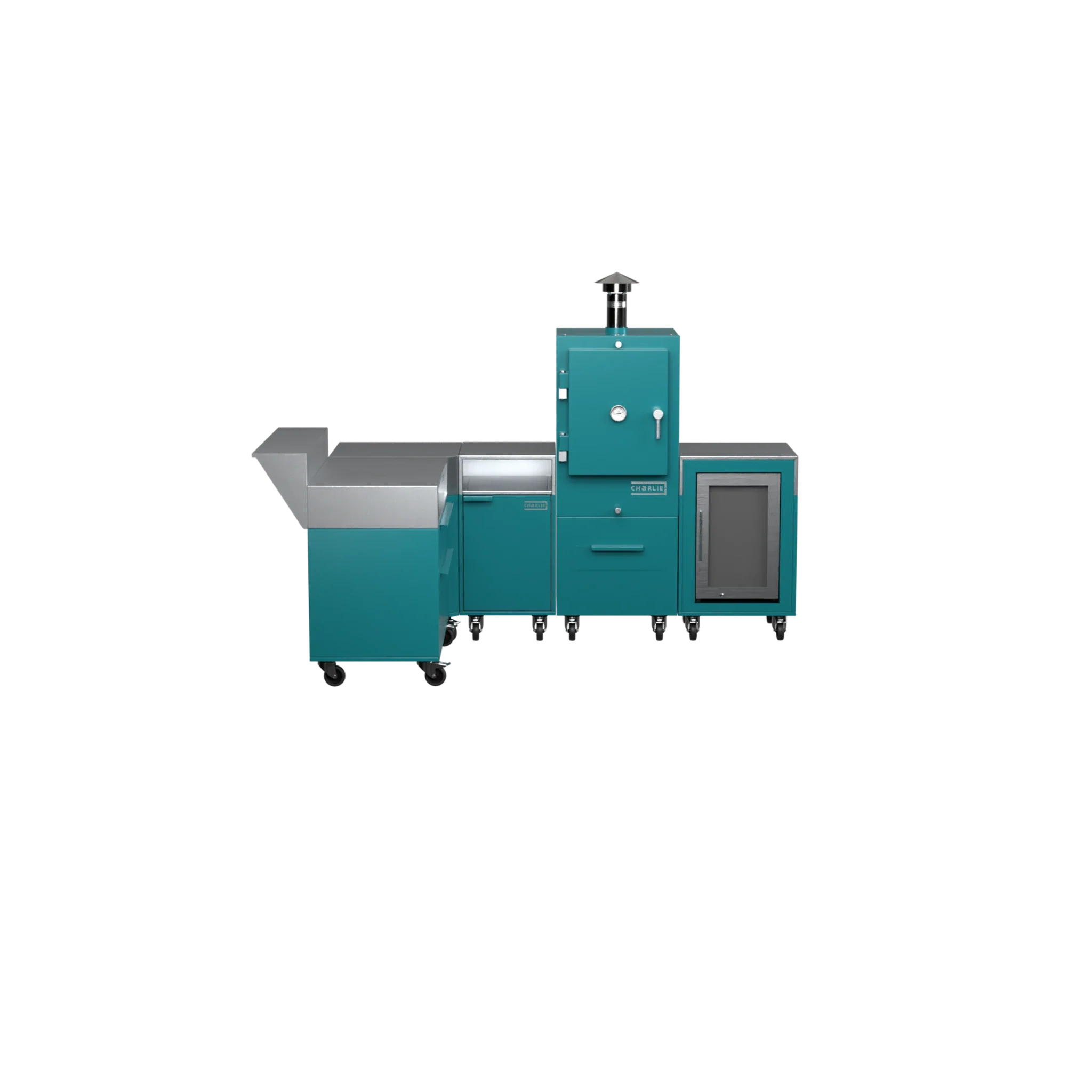 L-Shape Kitchen L2 in teal duck blue, straight front view of the worktop and cabinets