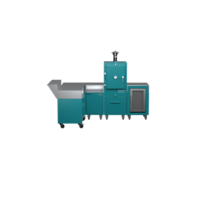 L-Shape Kitchen L2 in teal duck blue, straight front view of the worktop and cabinets
