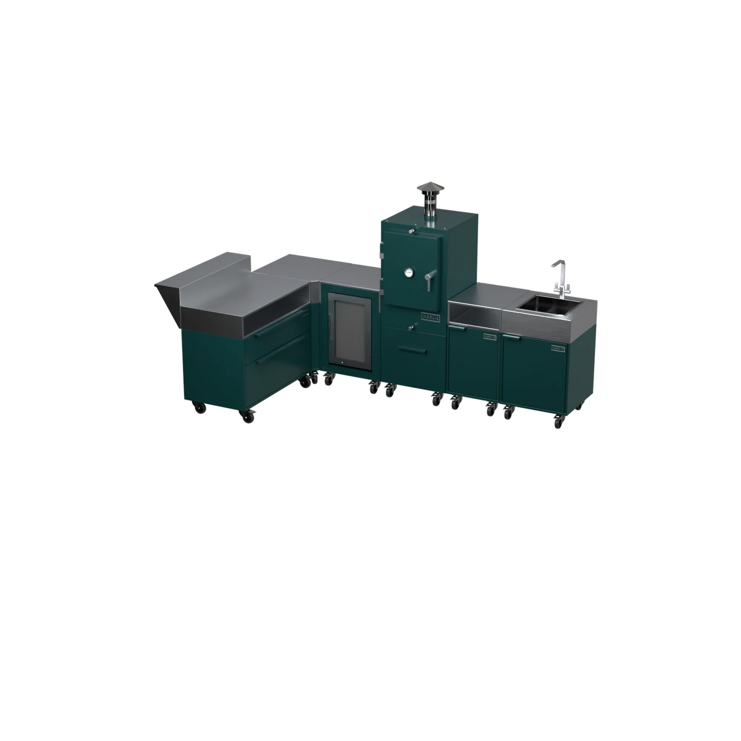 L3 L-Shape outdoor kitchen in Agave green, three-quarter angle view