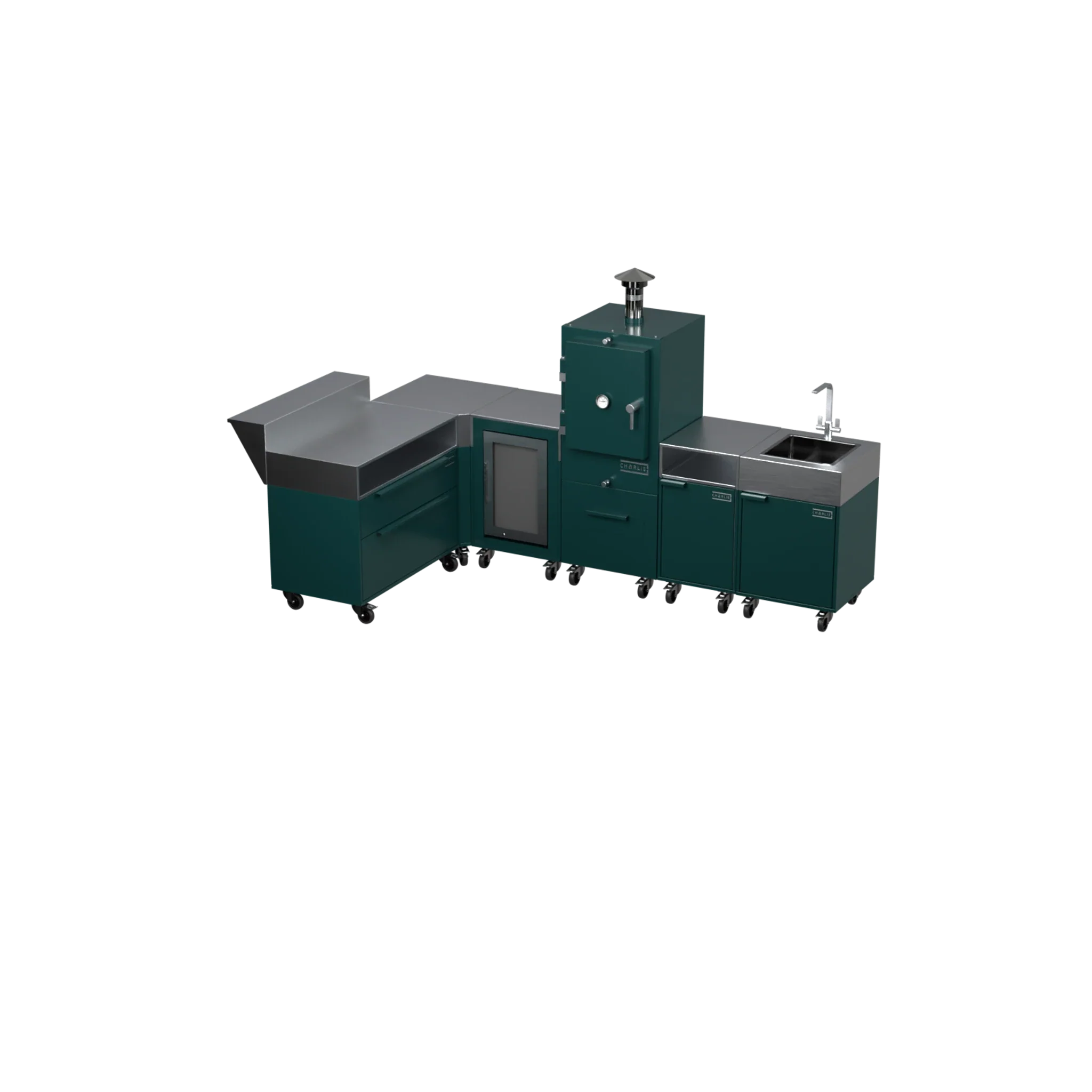 L3 L-Shape outdoor kitchen in Agave green, three-quarter angle view