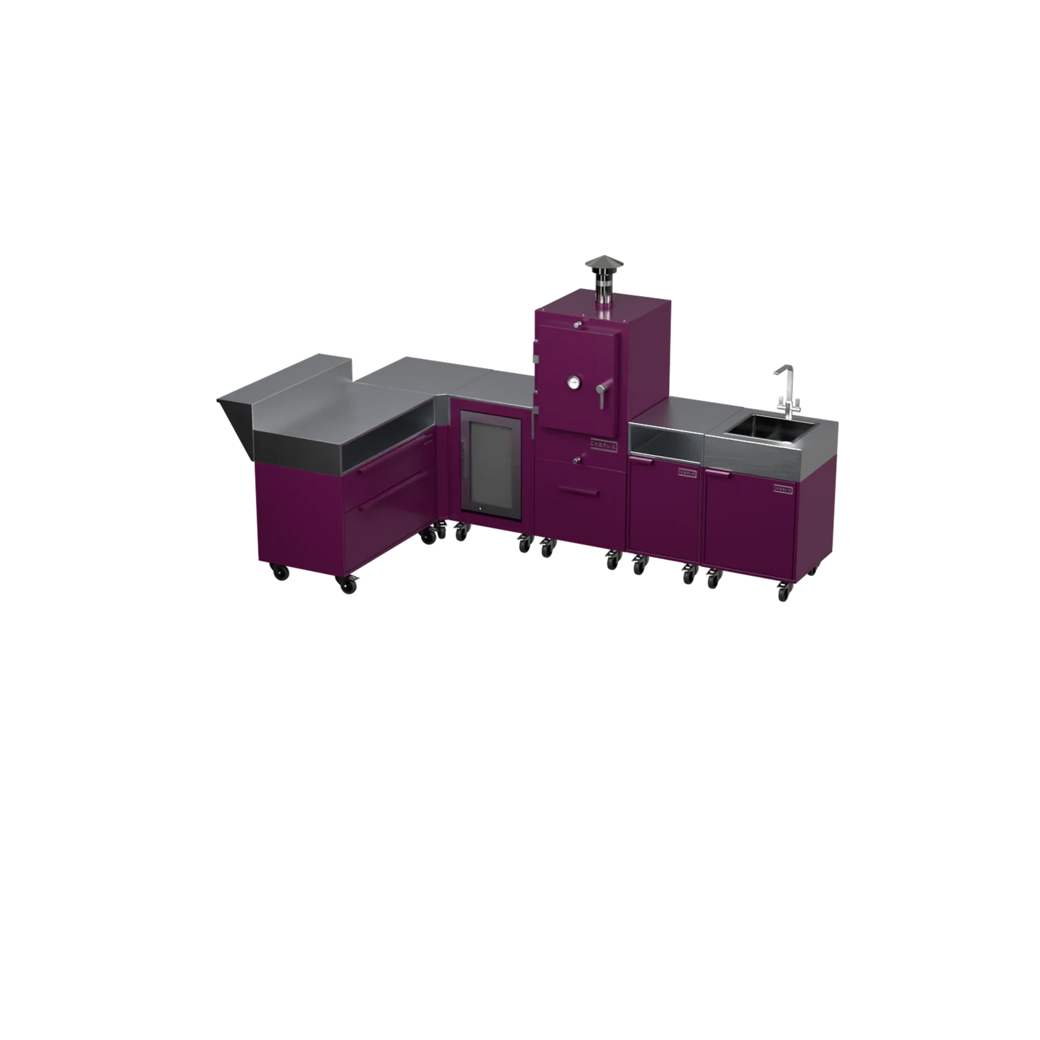 L3 L-Shape outdoor kitchen in Beetroot purple, three-quarter angle view