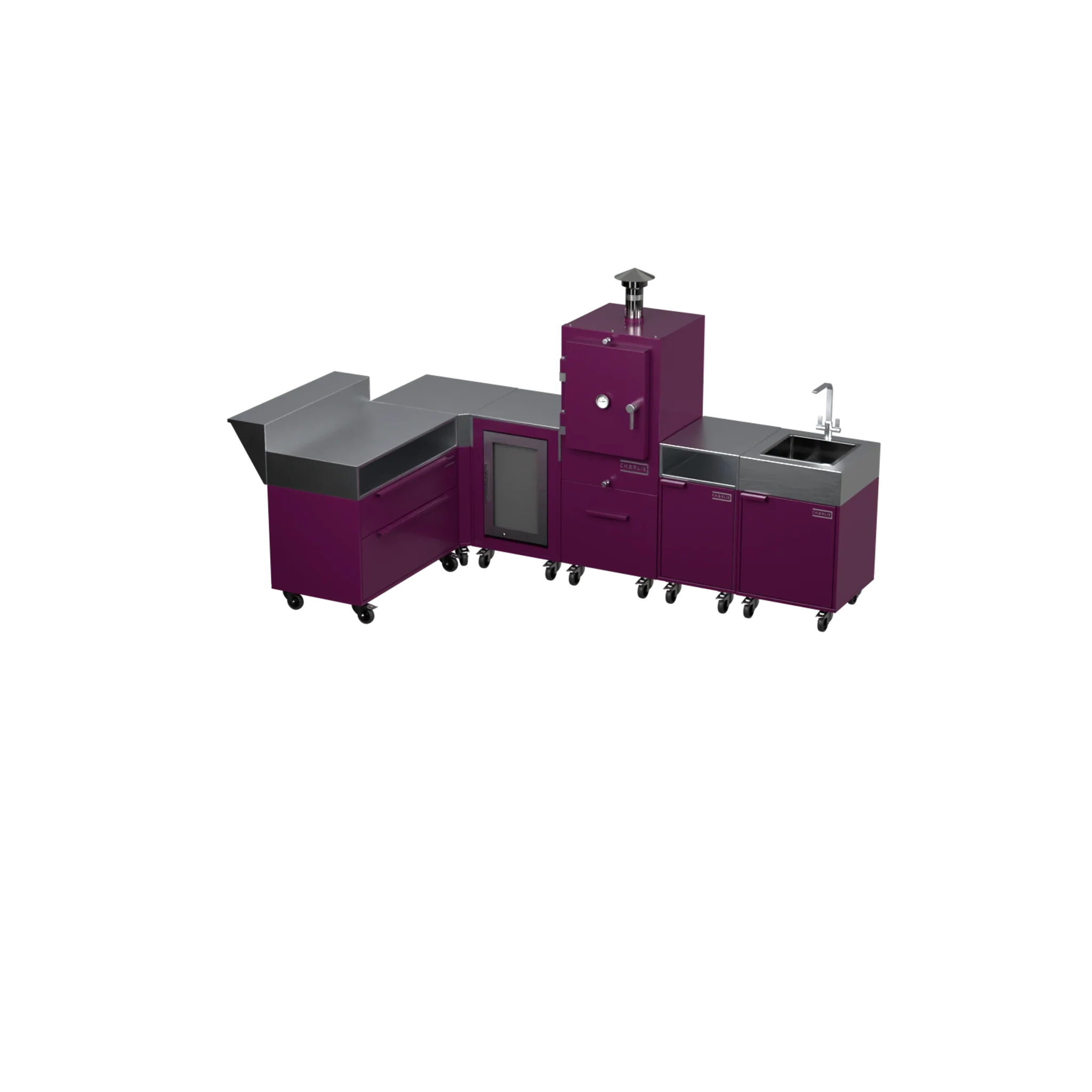 L3 L-Shape outdoor kitchen in Beetroot purple, three-quarter angle view