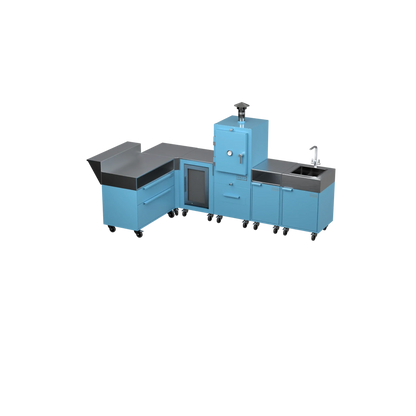 L3 L-Shape outdoor kitchen in Blue Marlin blue, three-quarter angle view