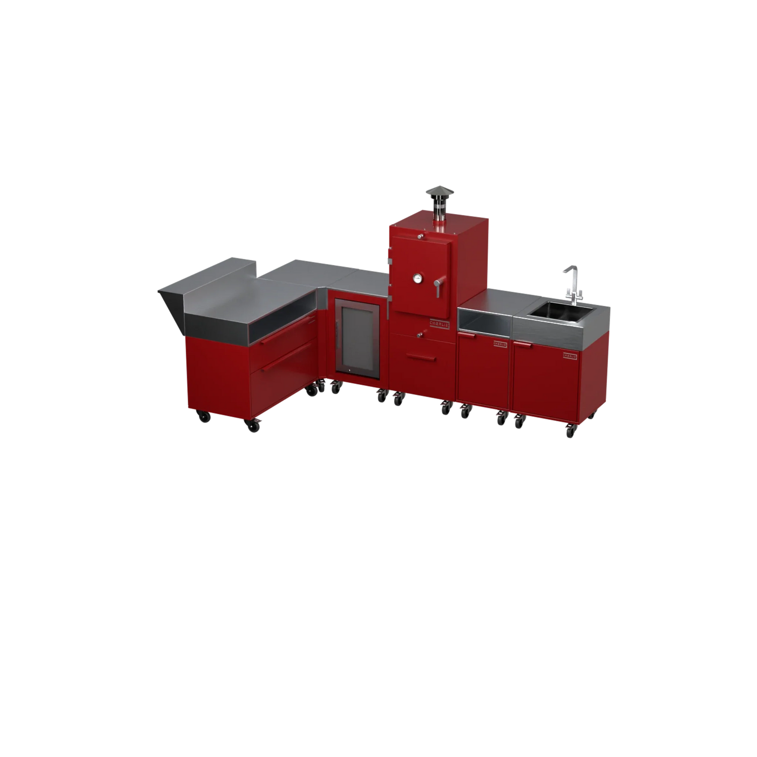 L3 L-Shape outdoor kitchen in Dark Cherry red, three-quarter angle view