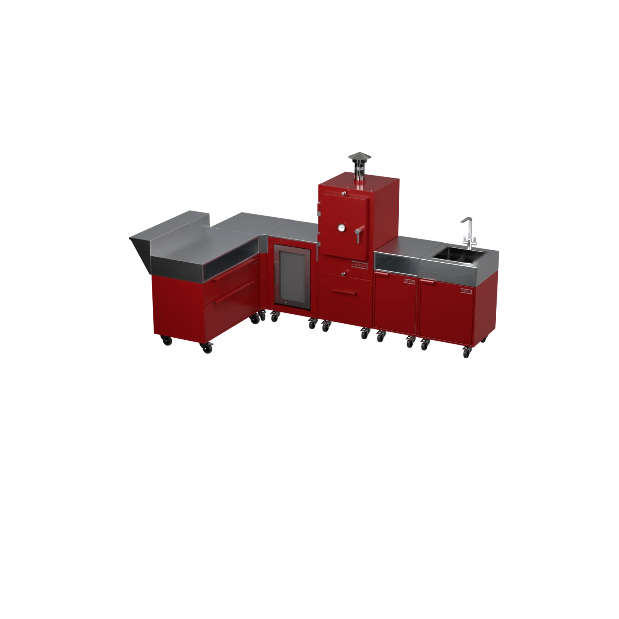 L3 L-Shape outdoor kitchen in Dark Cherry red, three-quarter angle view