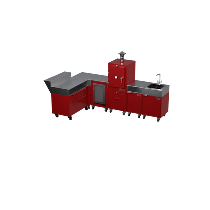 L3 L-Shape outdoor kitchen in Dark Cherry red, three-quarter angle view