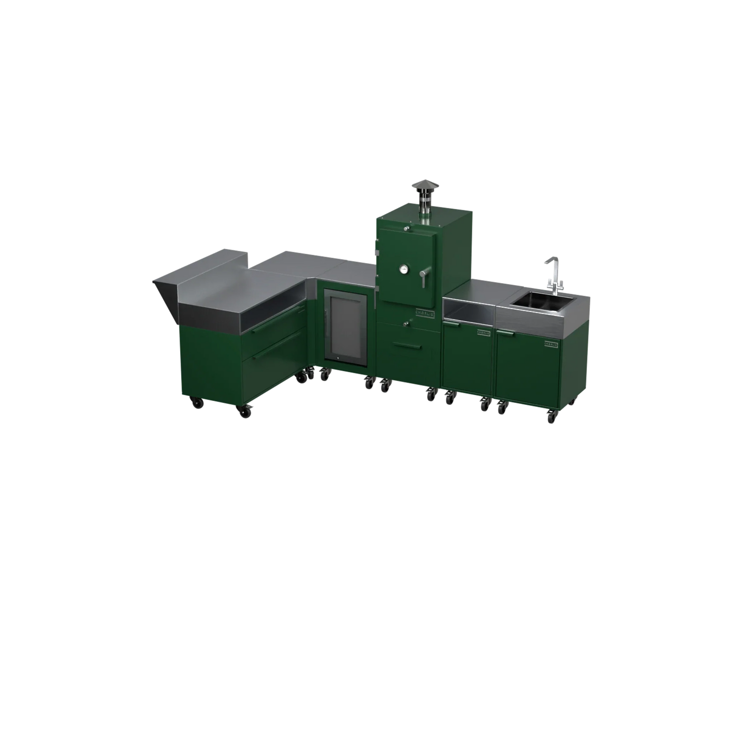 L3 L-Shape outdoor kitchen in Green Chilli green, three-quarter angle view