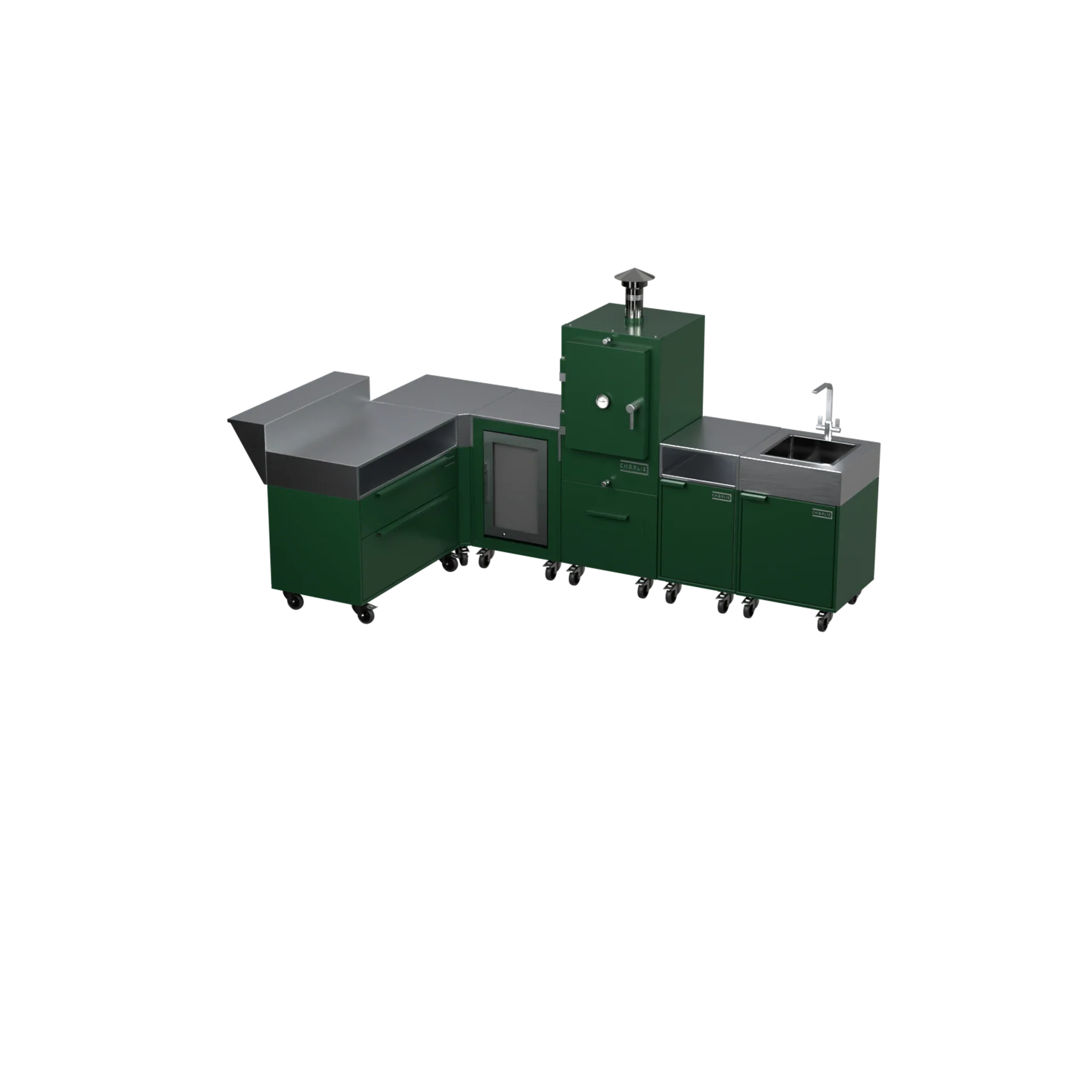 L3 L-Shape outdoor kitchen in Green Chilli green, three-quarter angle view
