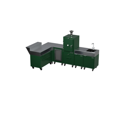 L3 L-Shape outdoor kitchen in Green Chilli green, three-quarter angle view