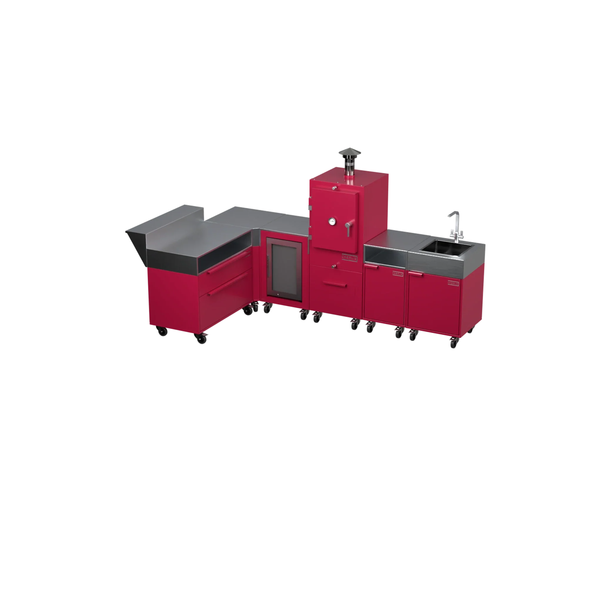 L3 L-Shape outdoor kitchen in Rhubarb pink, three-quarter angle view