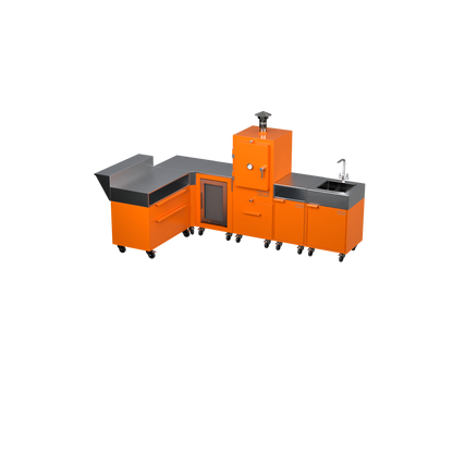 L3 L-Shape outdoor kitchen in Saffron yellow, three-quarter angle view