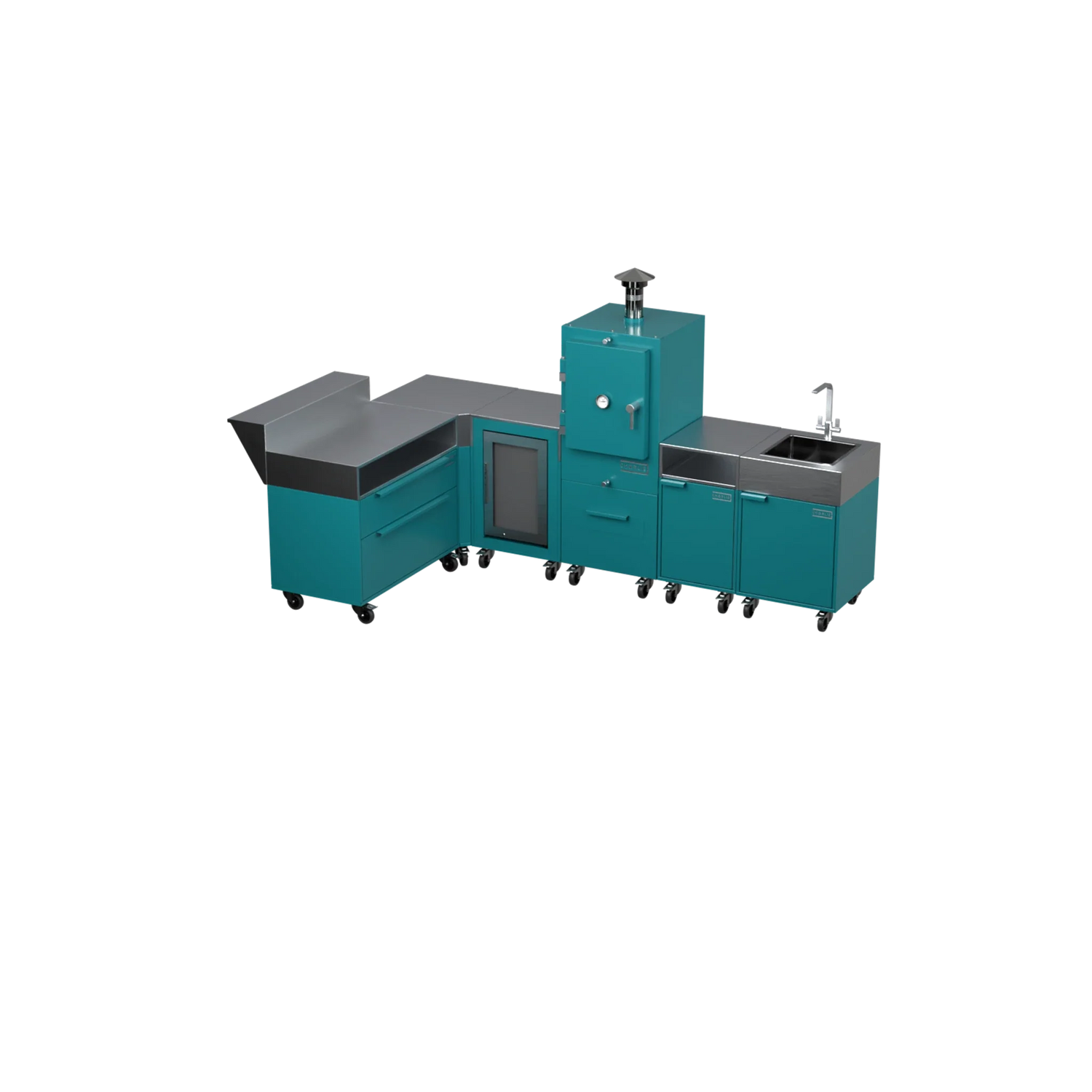 L3 L-Shape outdoor kitchen in Teal Duck teal, three-quarter angle view
