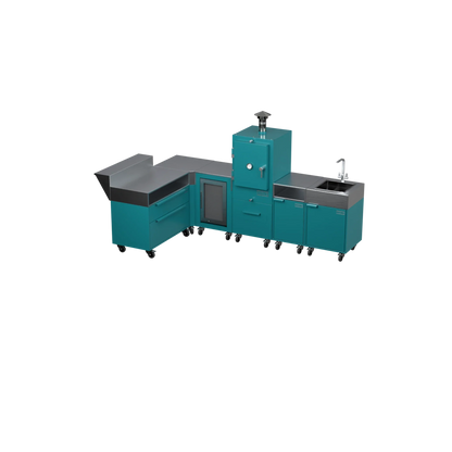 L3 L-Shape outdoor kitchen in Teal Duck teal, three-quarter angle view