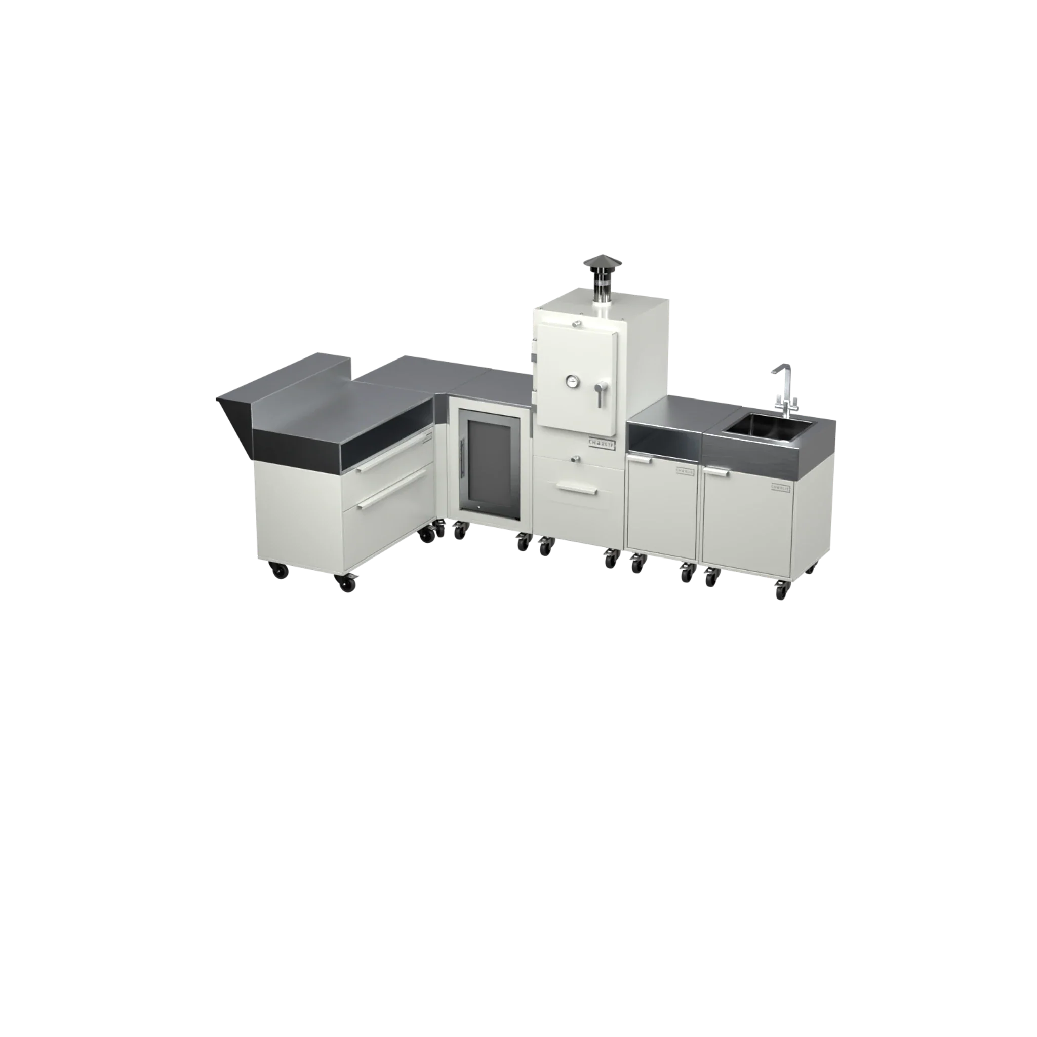 L3 L-Shape outdoor kitchen in Truffle brown, three-quarter angle view