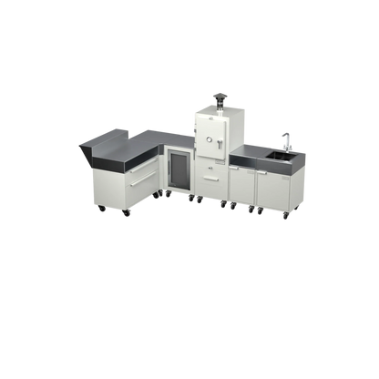 L3 L-Shape outdoor kitchen in Truffle brown, three-quarter angle view