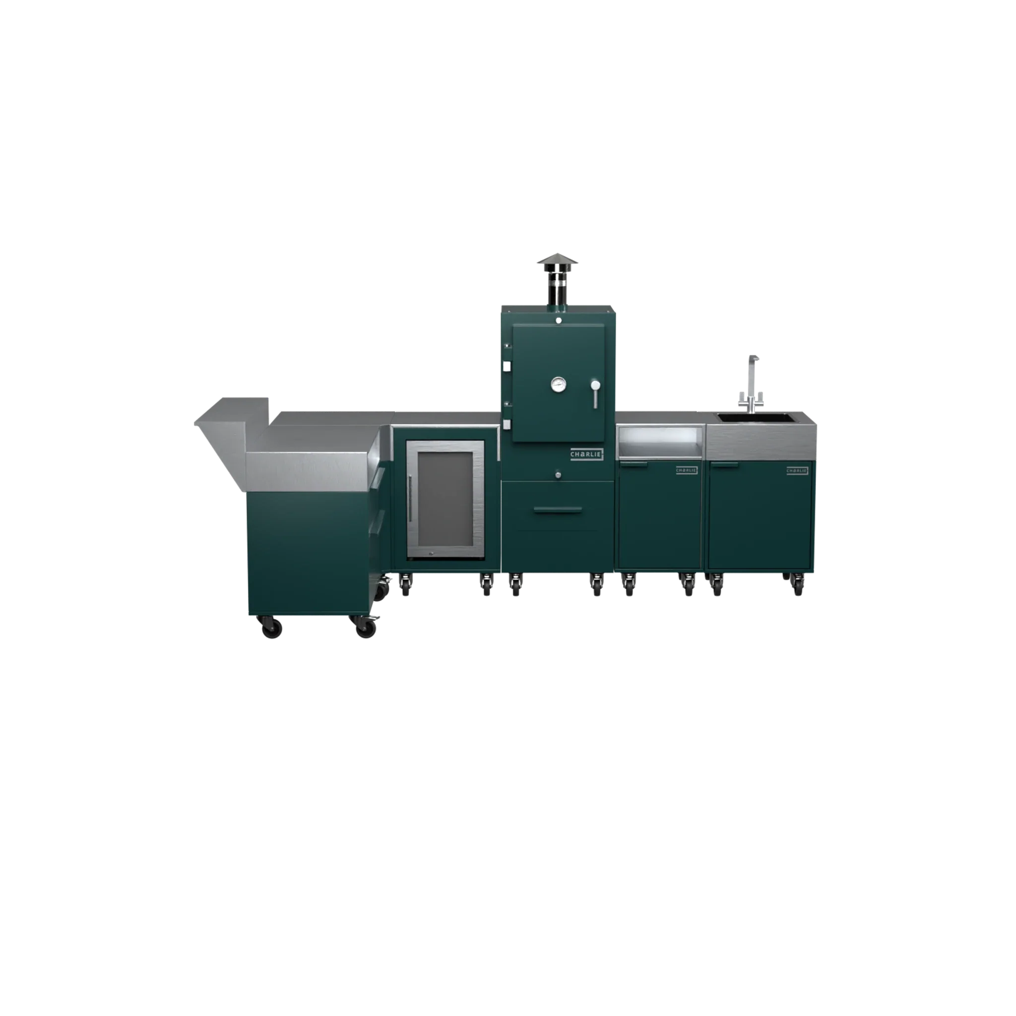 L3 L-Shape outdoor kitchen in Agave green, straight-on front view