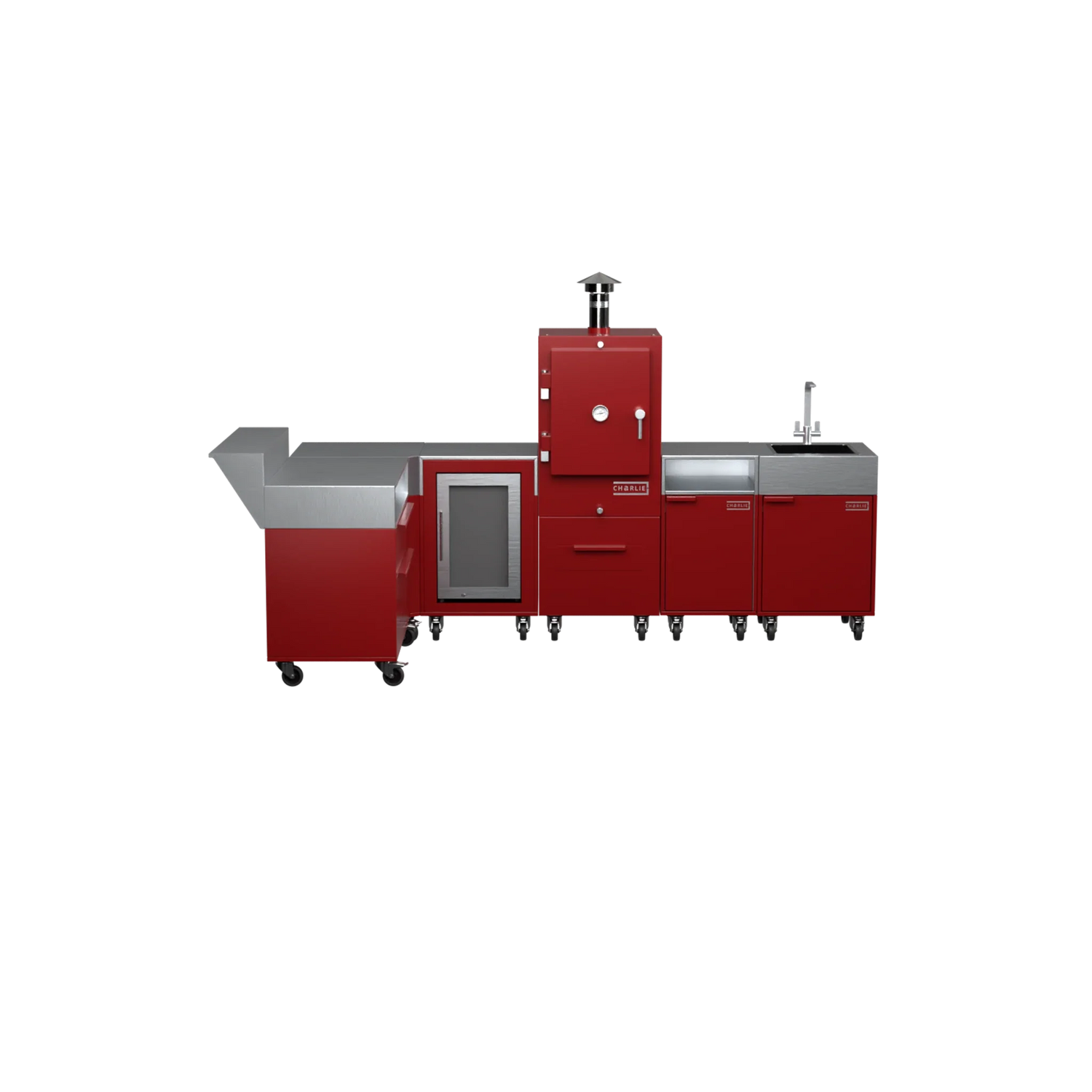 L3 L-Shape outdoor kitchen in Dark Cherry red, straight-on front view