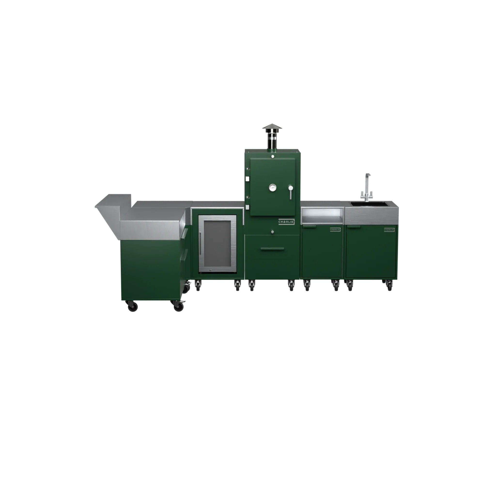 L3 L-Shape outdoor kitchen in Green Chilli green, straight-on front view