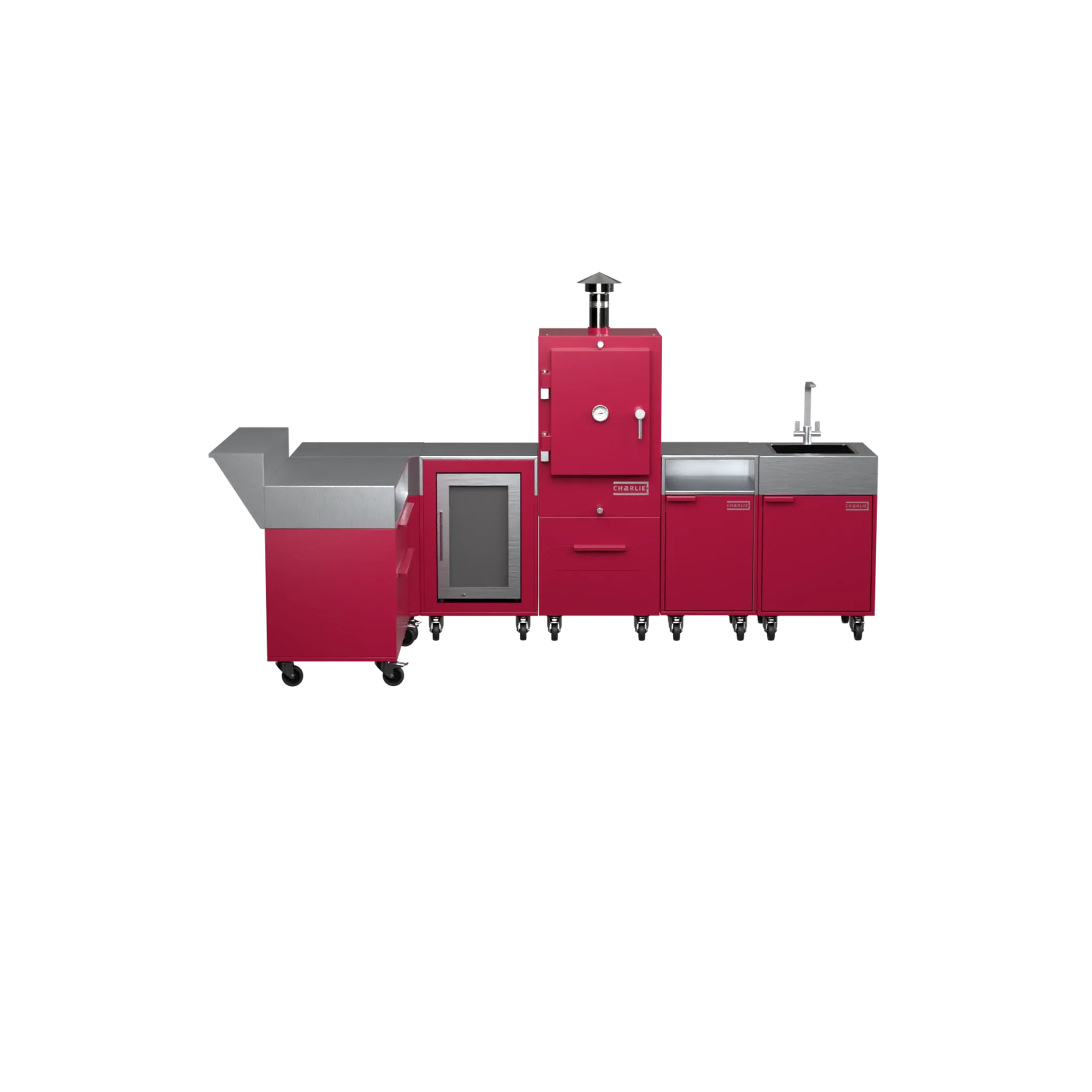 L3 L-Shape outdoor kitchen in Rhubarb pink, straight-on front view