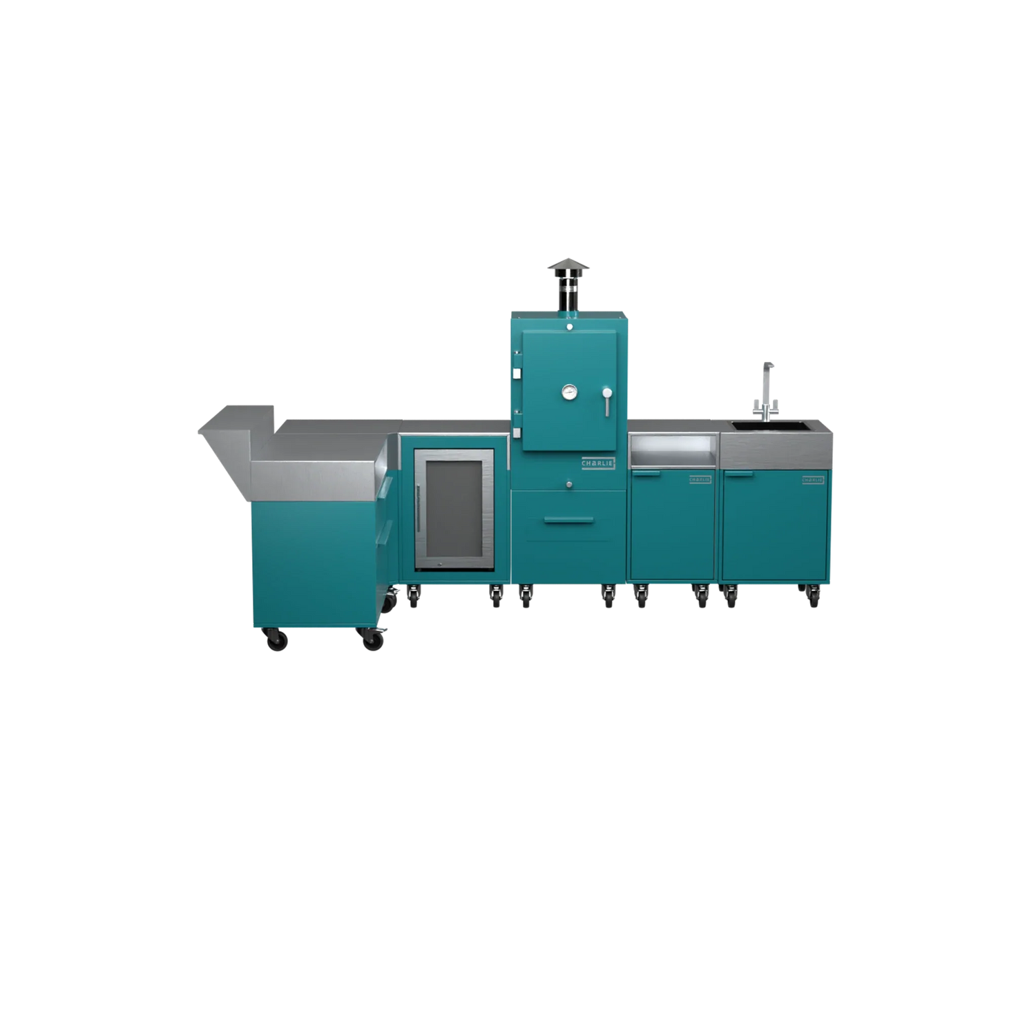 L3 L-Shape outdoor kitchen in Teal Duck teal, straight-on front view