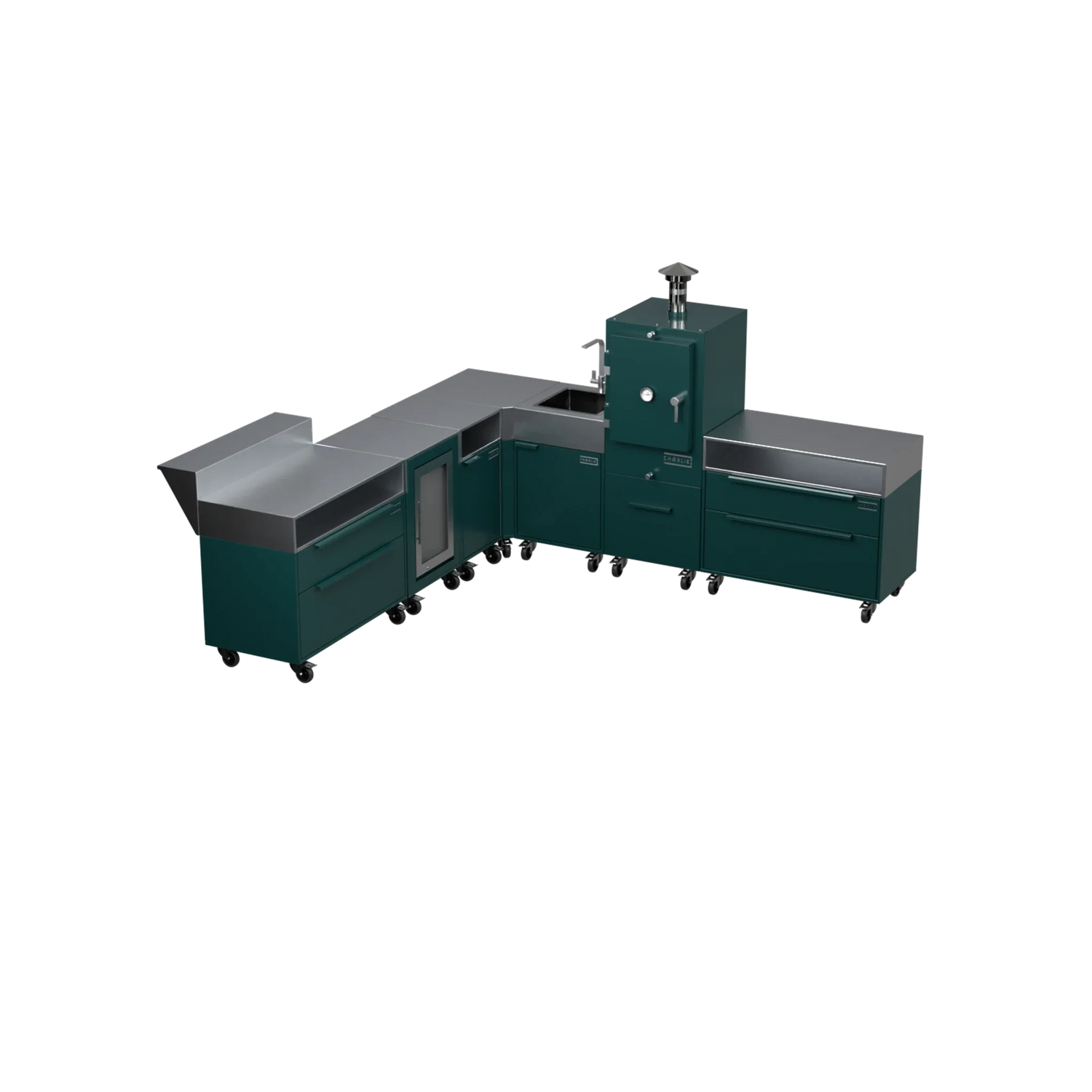 L-Shape Kitchen L4 outdoor kitchen in Agave green, angled view
