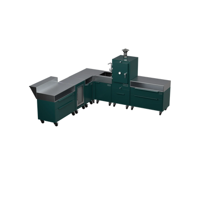 L-Shape Kitchen L4 outdoor kitchen in Agave green, angled view